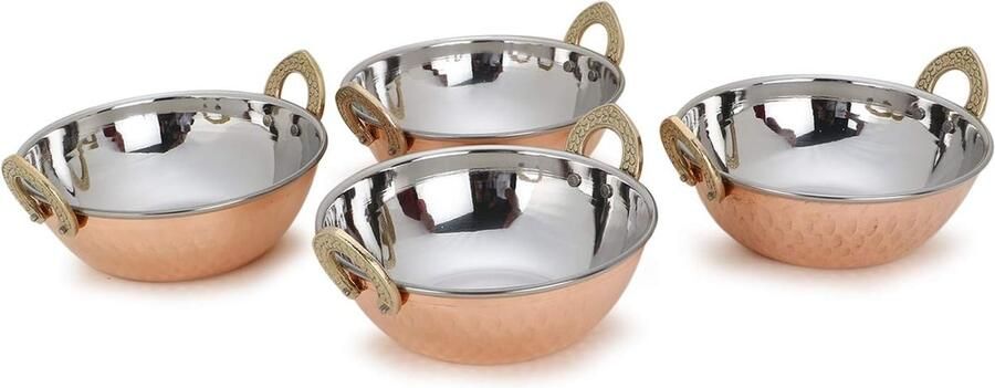 Traditionele Indiase serveerschaal koper roestvrij staal gehamerd Karahi Indiase gerechten en portie curry serveerservies voor huishouden en keuken (15 cm) 400 ml set van 4