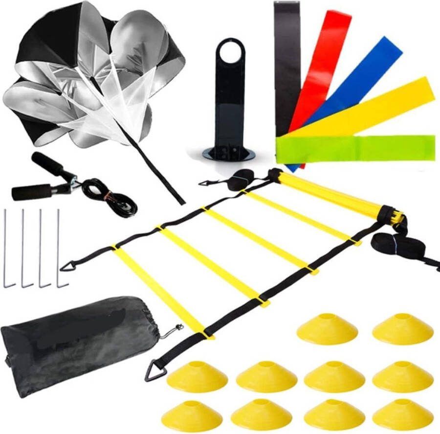 Trainingsaccessoire 6 meter coördinatieladder Voetbaltraining Met 4 stalen nagels 1 Weerstandsparaplu 10 Kegels 1 Geheugenkolom 1 Springtouw 5 Stretchriemen Voetalbal trainingsmateriaal
