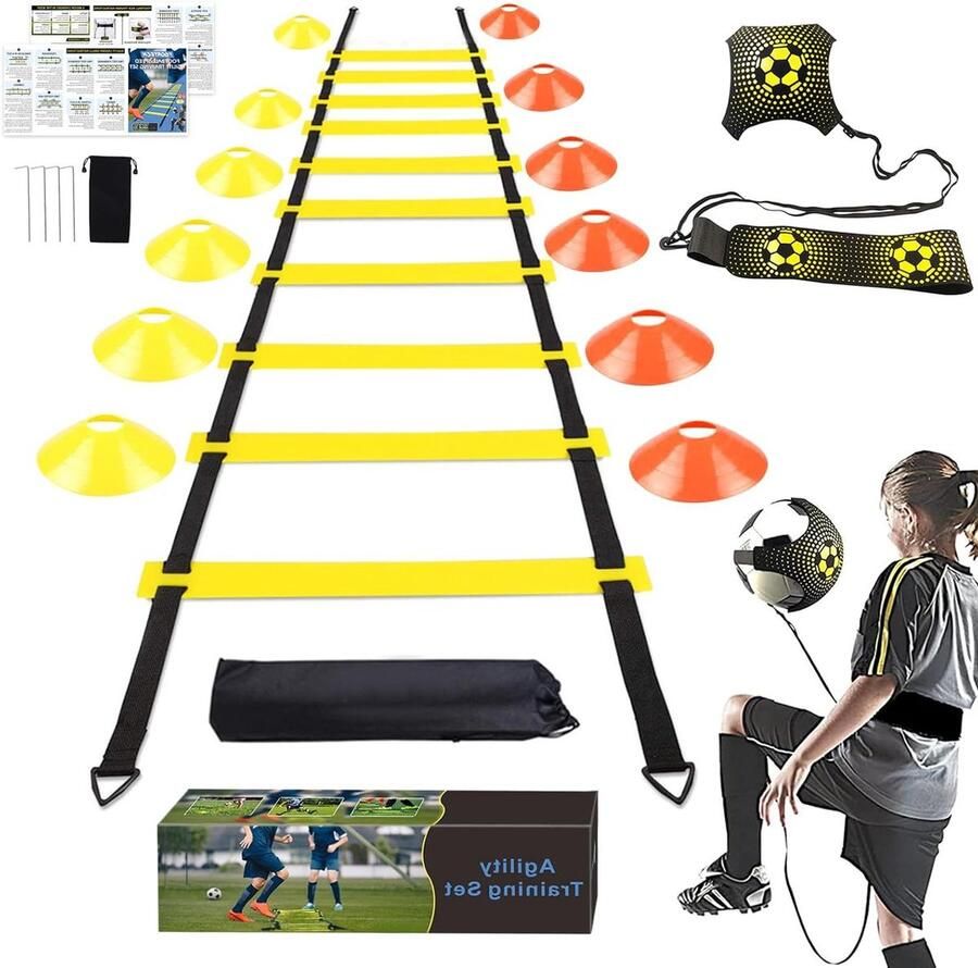 Trainingsset voor snelheid en behendigheid behendigheidsladder 12 sportkegels traptrainer trainingsgerei voetbal oefeningen voetenwerk voor kinderen en volwassenen Voetalbal trainingsmateriaal