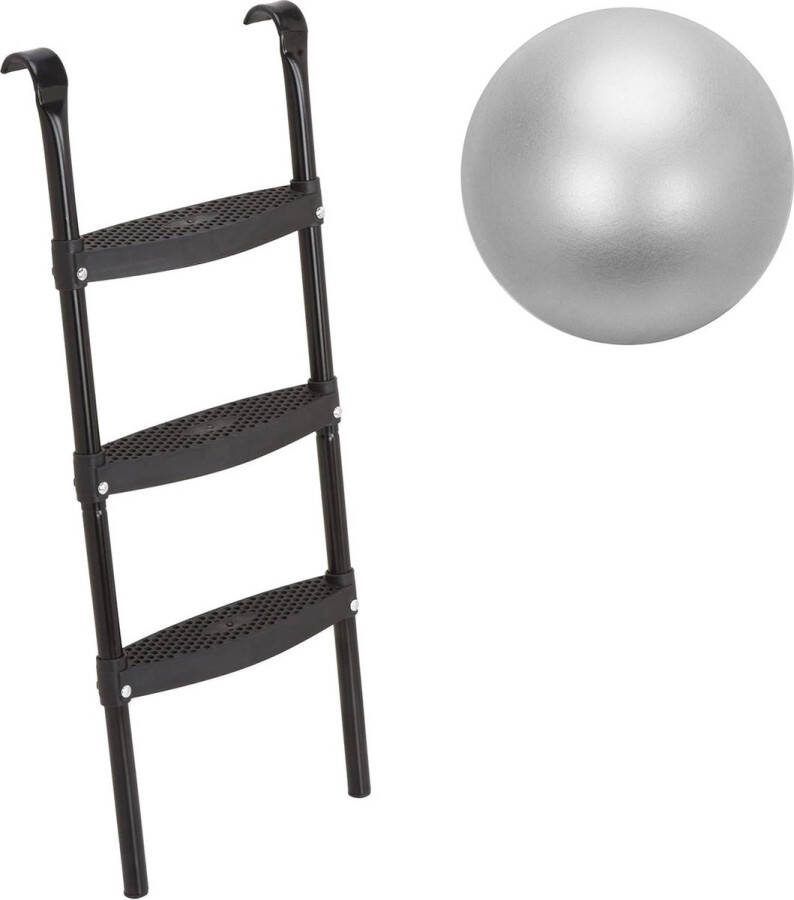 Trampoline ladder op te hangen zwart zilver 86 110 cm hoog 3 extra brede treden inclusief pilates yogabal