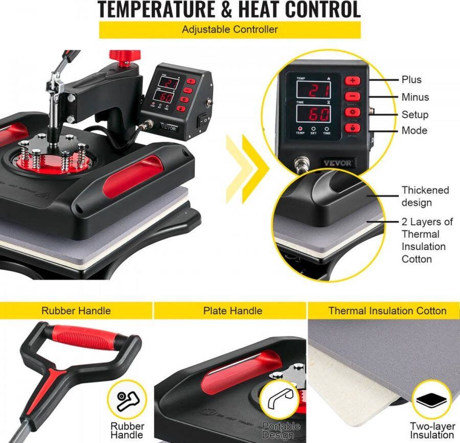 Transferpers Hittepers 5 in 1 Warmte Persmachine 15 x 15 Sublimatie T-shirt Cap Mok Plaat Rood