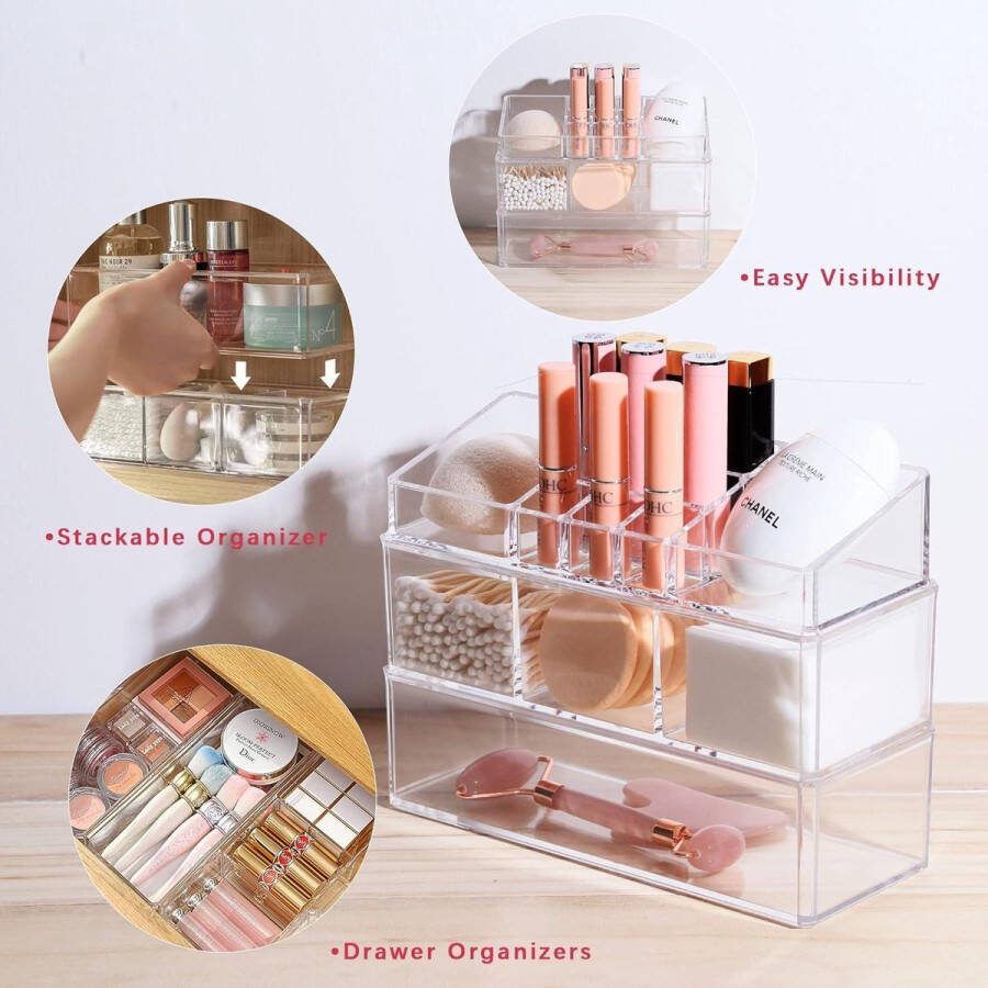 Transparante acryl make-up organizer badkamer opbergkast stapelbare organizer lippenstifthouder voor cosmetica badkamer opberghouder voor ijdelheid katoenen bal & pad opberger