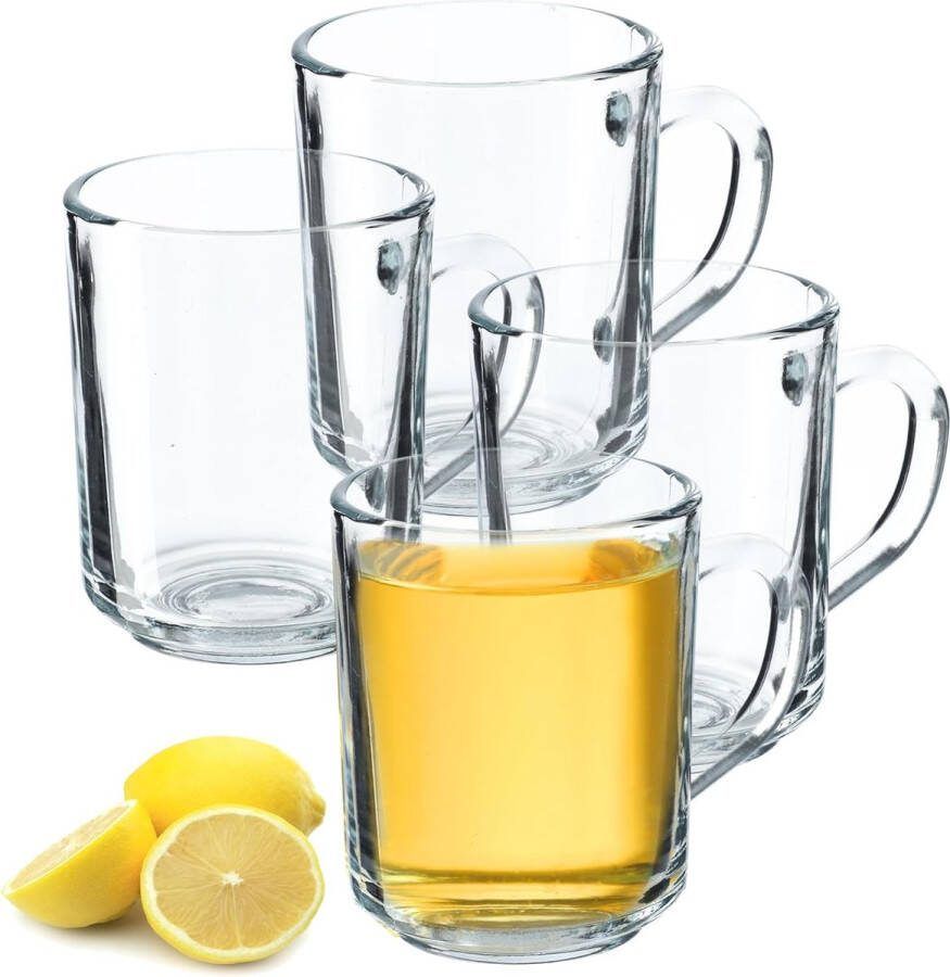 Transparante glazen mok met handvat vaatwasmachinebestendige drinkglazen met handvat glazen koffieglazen theeglazen waterglazen glazen kopjes voor warm (4 x 240 ml)