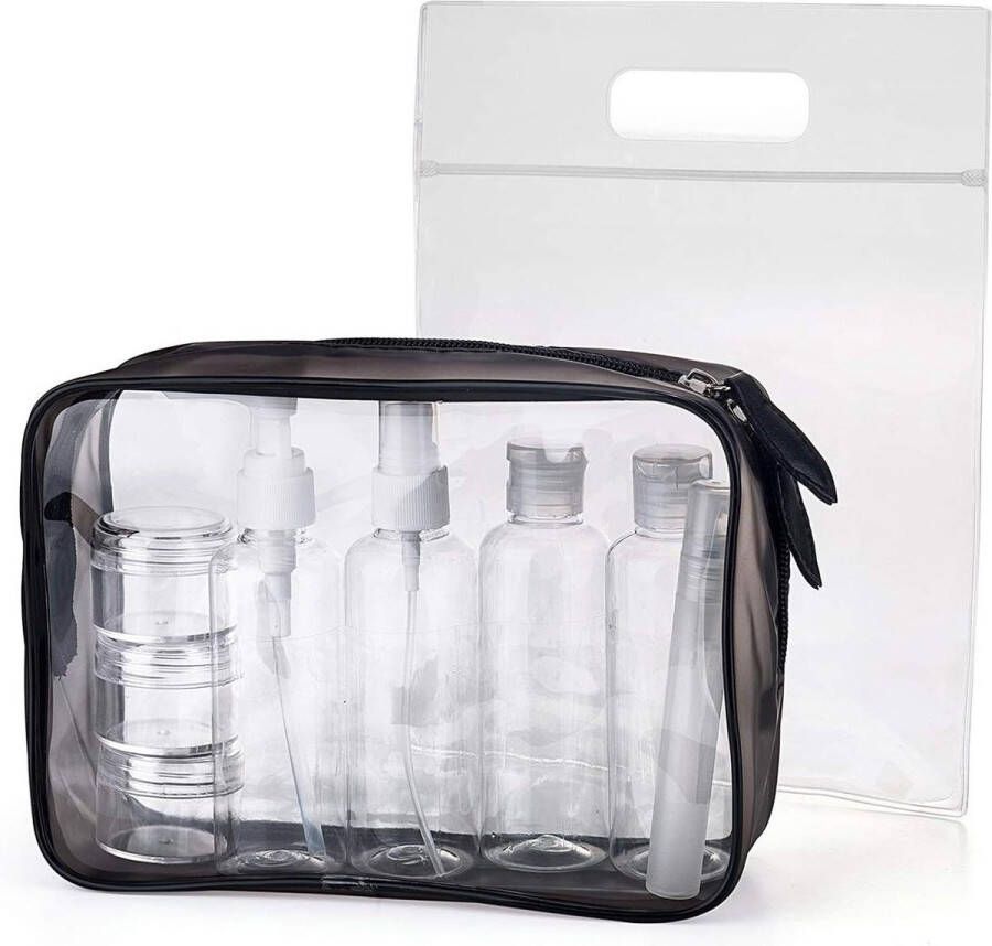 Transparante make-uptas waterdicht PVC-toilettas met 8 reisflessen Zwart Blauw reisflesjes 100ml