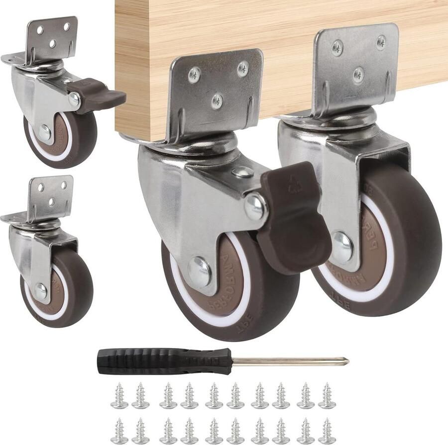 Transportwielen 50 mm set van 4 zware meubelwielen met rem 360 graden zwenkwielen 100 kg draagkracht stil binnen en buiten gebruik inclusief schroeven en schroevendraaier