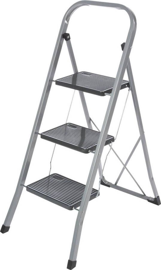 Trap ladder 3 treden inklapbaar metalen vouwtrap met beugel grote treden klaptrap tot 150 kg zilverkleurig zwart