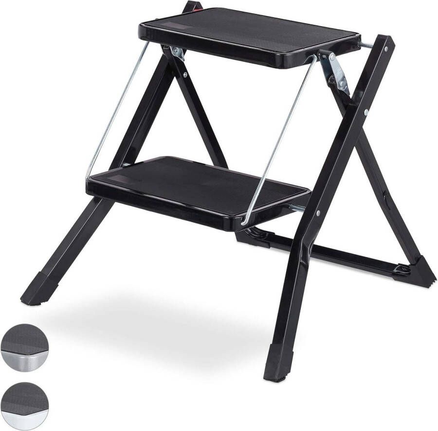 Trapladder 2 treden inklapbaar ruimtebesparend opstapje slipvast ijzer HBD- 5x50x50 cm zwart. Trapladder
