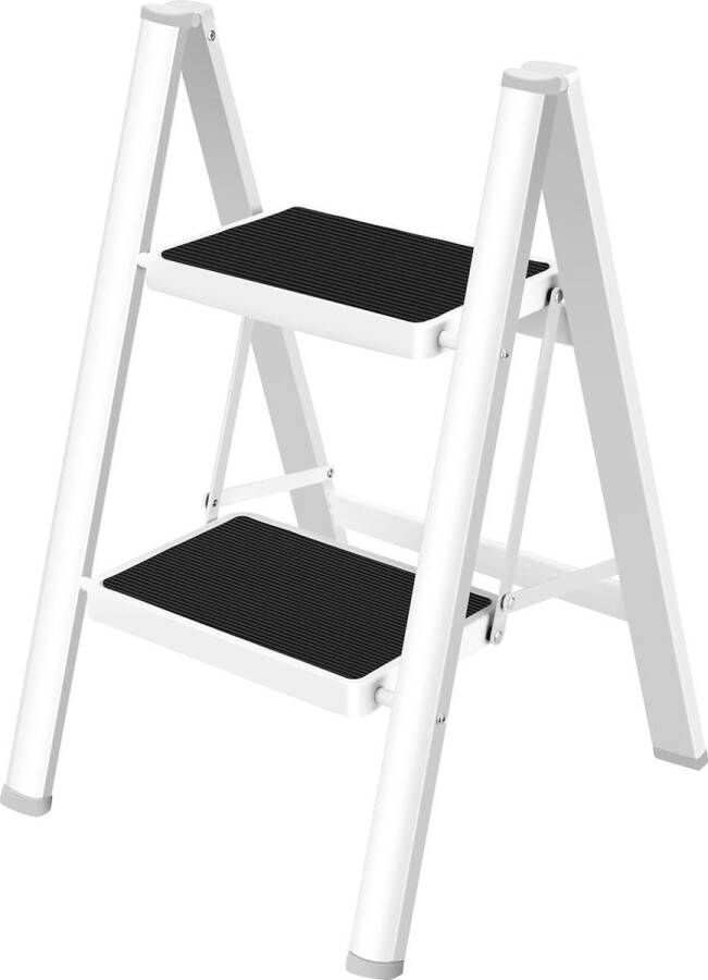 Trapladder 2 treden Opvouwbare ladder met brede antislip pedaal Opstapje met een capaciteit van 150 kg Wit