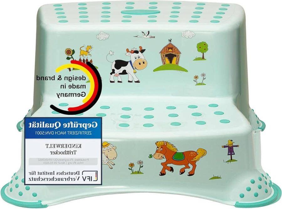 Trapladder 2 treden Stabiele kruk Funny Farm aquamarijn met antislipfunctie
