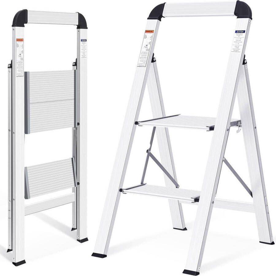 Trapladder 2 treden Trapladder Antislip huishoudtrap met inklapbare veiligheid Aluminium opstapje Inklapbare trapladder met leuning Maximale belasting 150 kg 2 treden Zilver