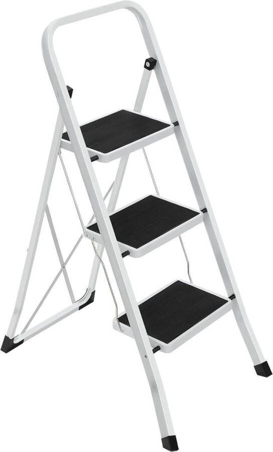 Trapladder 3-sporten vouwladder antislip rubber handvat draagvermogen 150 kg GS-gecertificeerd zwart en wit GSL03WT Trapladder