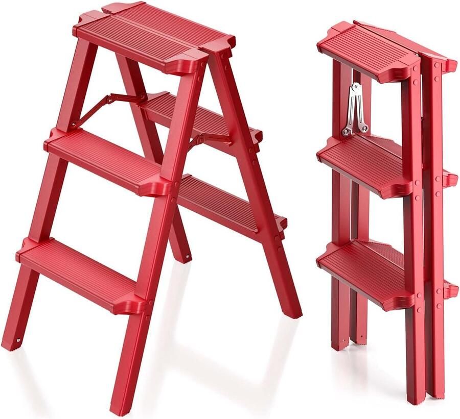 Trapladder 3 treden aluminium ladder opstapkruk opstapladder opvouwbaar kleine vouwladder maximale belasting 150 kg antislip en stabiel (rood)