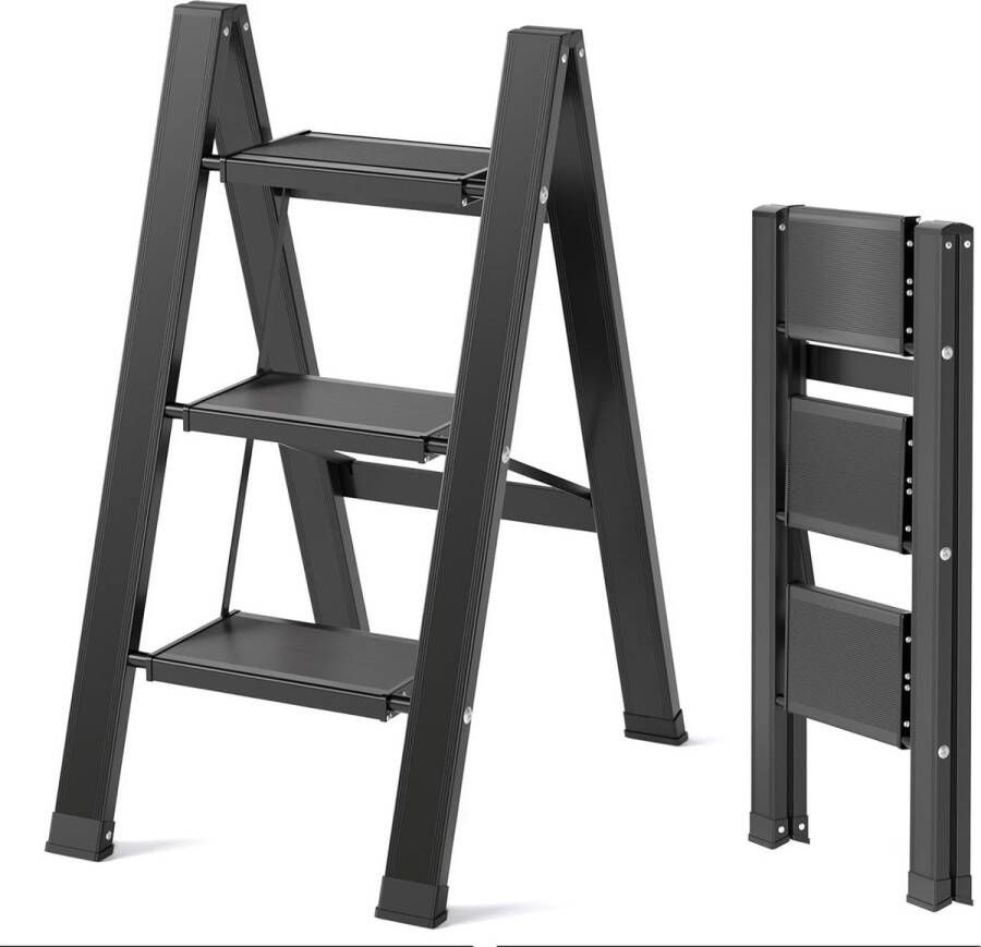 Trapladder 3 treden inklapbaar 3 treden aluminium vouwladder draagbare trapladder antislip huishoudladder tot 150 kg opvouwbare multifunctionele ladder voor keuken badkamer camping