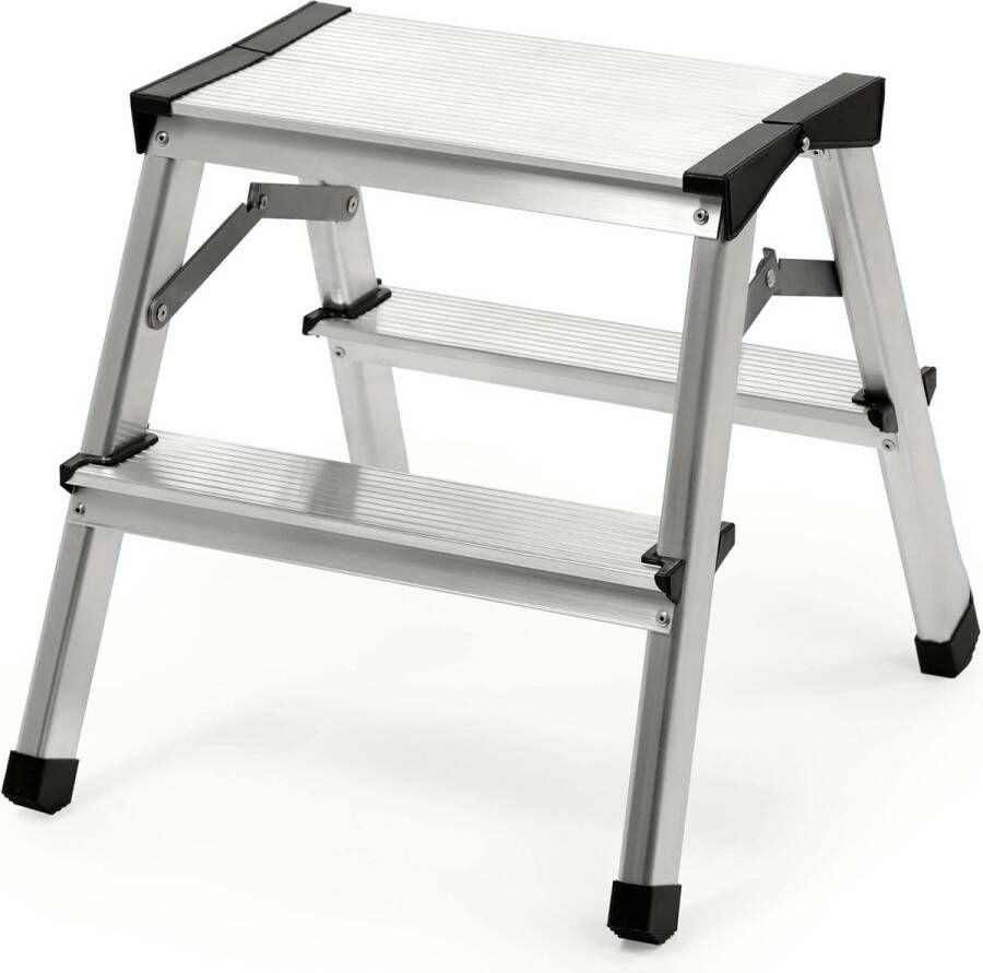 Trapladder van aluminium 2 treden vouwtrap tot 125 kg trapladder met antislipniveaus staande ladder aluminium ladder opstapkruk vouwladder