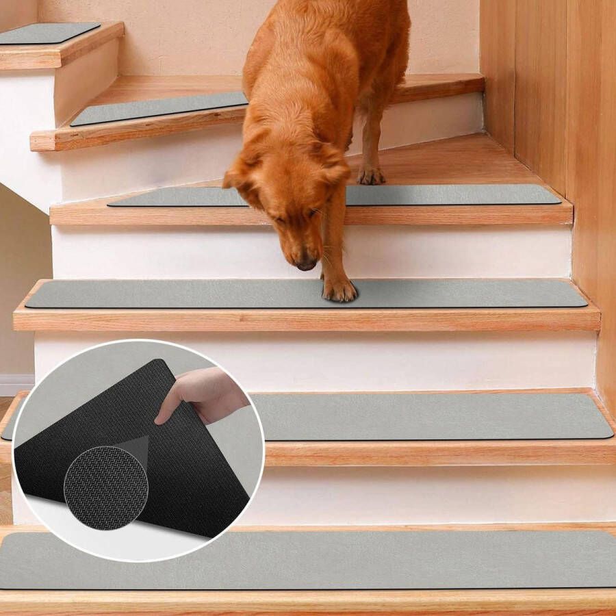Trapmatten 7 stuks 20 x 76 cm Antislip Rubber basis Tapijt Traploper voor houten treden Trappenhuisbescherming Grijs