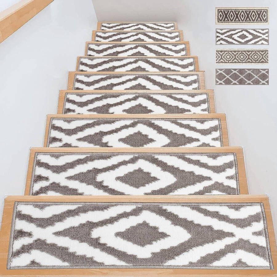 Traptreden Matten Kleur : Geo Grijs-Wit Set van 15 Interieur Trapmatten 71 x 21 cm Groot Zacht Trapkleed met Antislip Tapijt Rug Trapkleed Modern Extra Dik 1 cm Comfortabel Voetgevoel