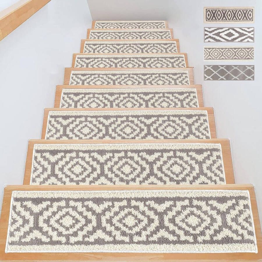 Traptreden Matten Kleur : Jasmijn Beige-grijs Set van 15 Interieur Trapmatten 71 x 21 cm Groot Zacht Trapkleed met Antislip Tapijt Rug Trapkleed Modern Extra Dik 1 cm Comfortabel Voetgevoel