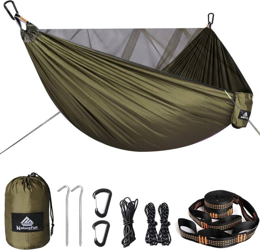 Travel Bug Net Camping Hangmat 300kg Draagvermogen (290 x 140 cm) Ademend Sneldrogend Parachute Nylon 4 x Premium Karabijnhaken 3 x Nylon Slings 2 guyline touwen 2 geslepen nagels inbegrepen