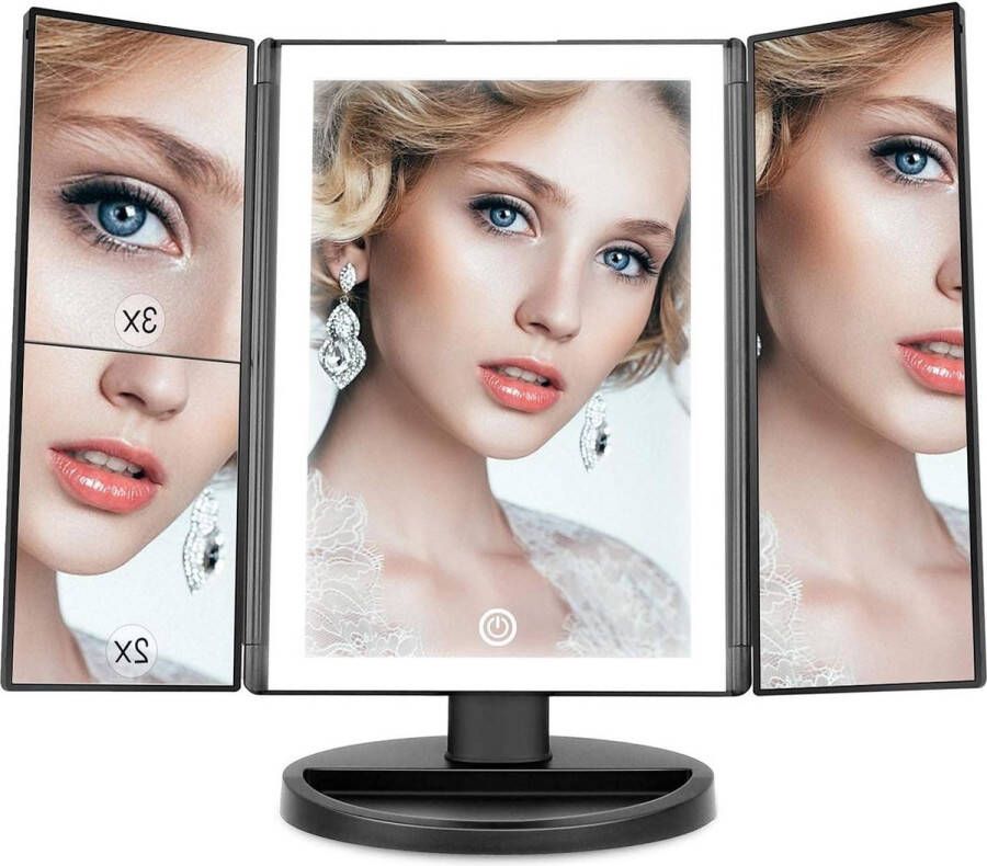 Tri fold Make-up Spiegel met 2x 3x Vergroting en 36 LED-verlichting Tafelblad Cosmetische Make-up Spiegel Zwart