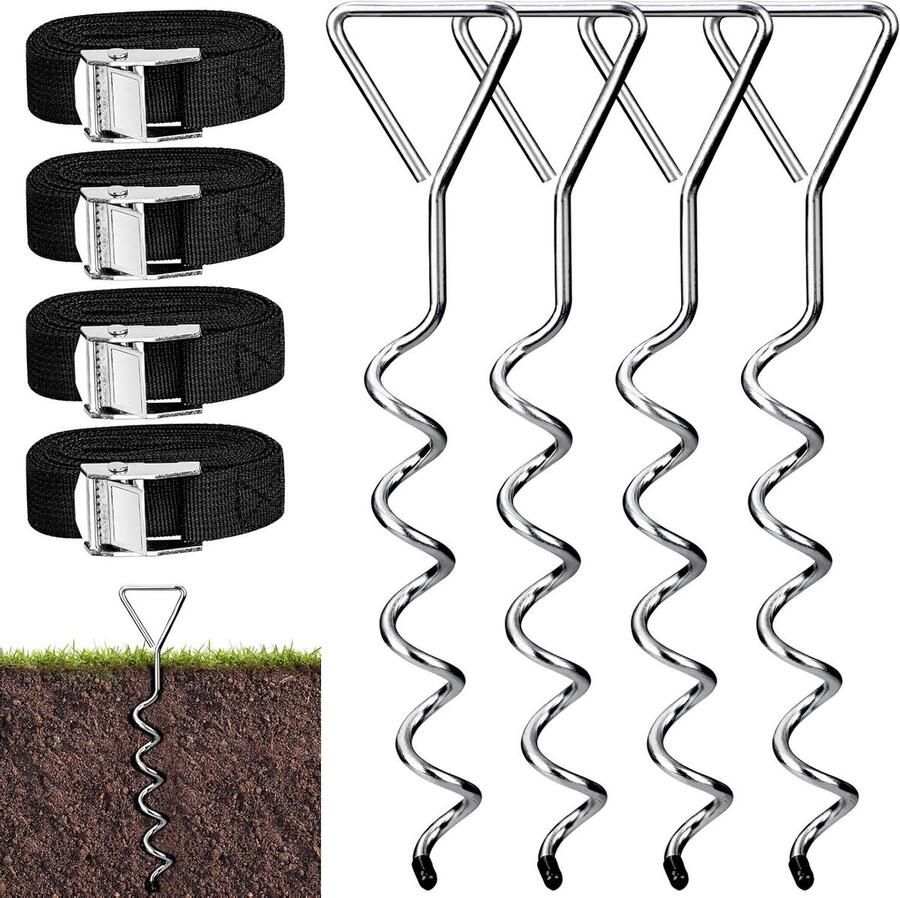 Triangle Trampoline Ground Anchors stevig grondanker voor trampolines set van 4 met T-haken inclusief sterke riem