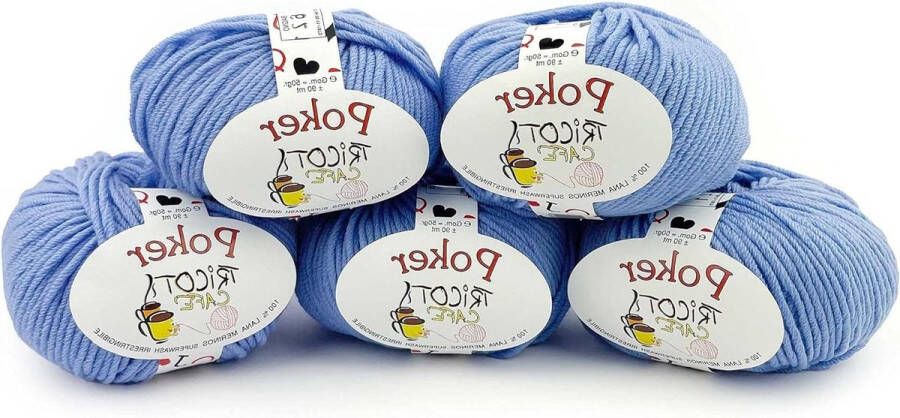Tricot Poker merinowol garen voor haaknaalden zacht en krimpbaar hoge kwaliteit made in Italië 5 stuks lichtblauw 16