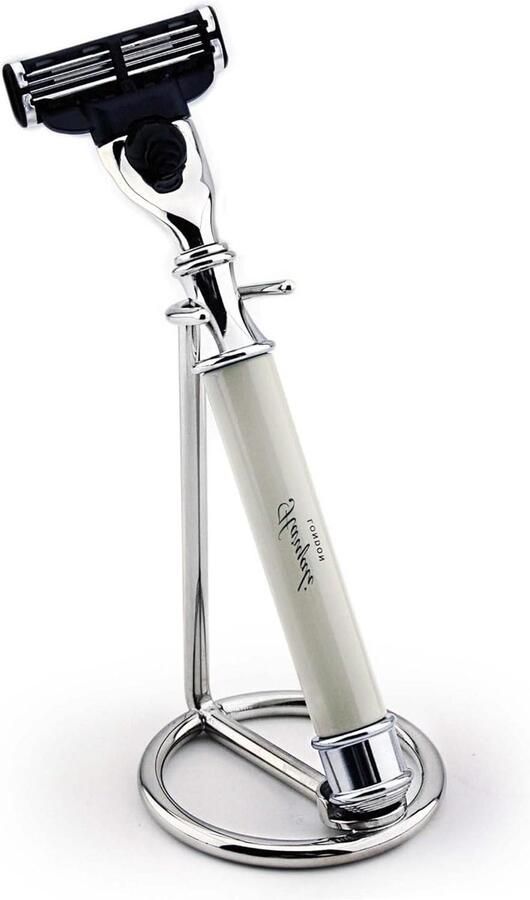 Triple Edge scheermes in Ivoor kleur & RVS Razor Stand Combo Klassiekers voor de moderne Gentleman Geraffineerd en stijlvol Perfect voor nat scheren