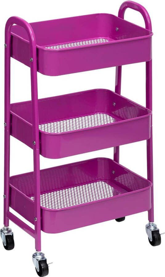 Trolley 3 verdiepingen met wieltjes opbergkar metaal handig voor de kamer of keuken make-up badkamer kantoor donkerpaars
