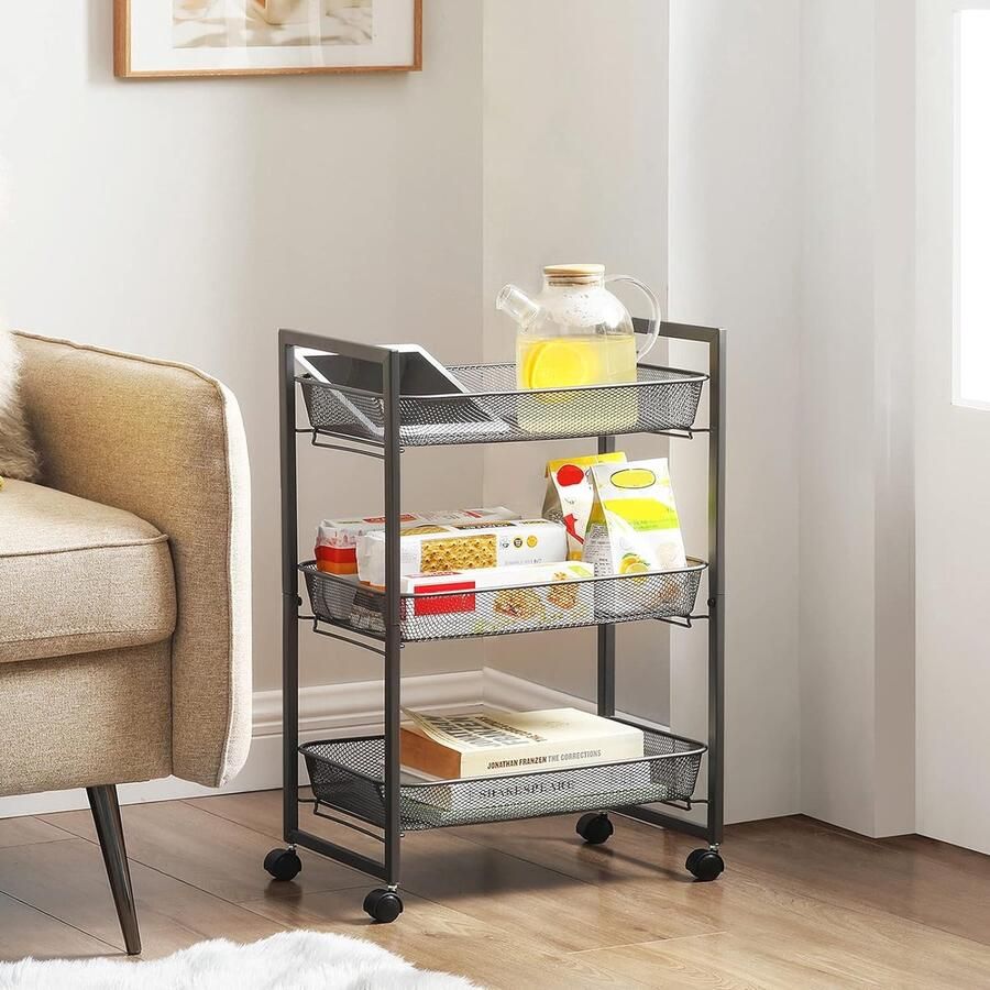 Trolley met 3 etages keuken- en badkamerwagen met manden van draad ruimtebesparend eenvoudige montage kantoor woonkamer grijs BSC061G01