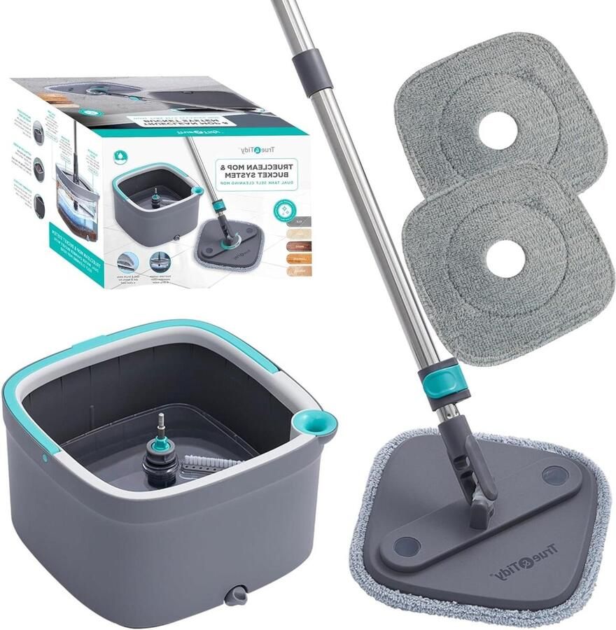 True Clean Spin Mop en Bucket System Dual Compartiment Emmer 2 Wasbare Microfiber Mop Pads Grijs