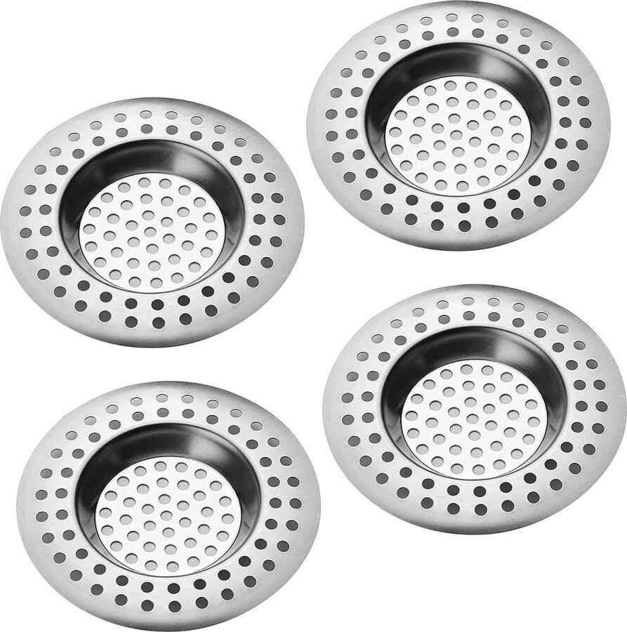 TSHAOUN 4-pack roestvrijstalen gootsteen zeef plug badkamer gootsteen zeef cover afvoerbeschermer gootsteen zeef plug roestvrij staal gaas haarfilter voor keuken en badkamer (4 stuks)