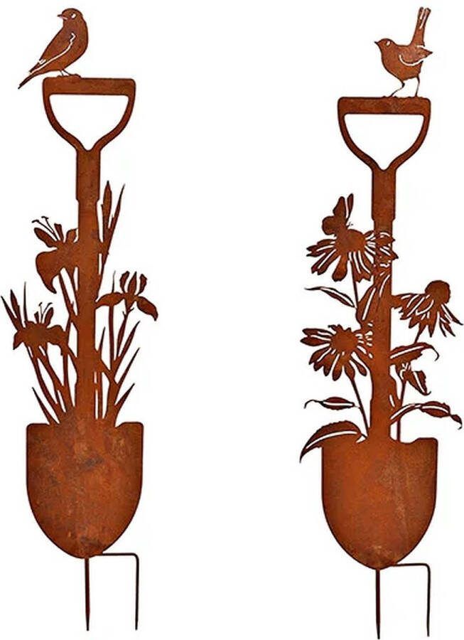 Tuin Tuindecoratie Tuinsteker Schep Tuinsteker roestmetalen schep met vogeltje en bloemen