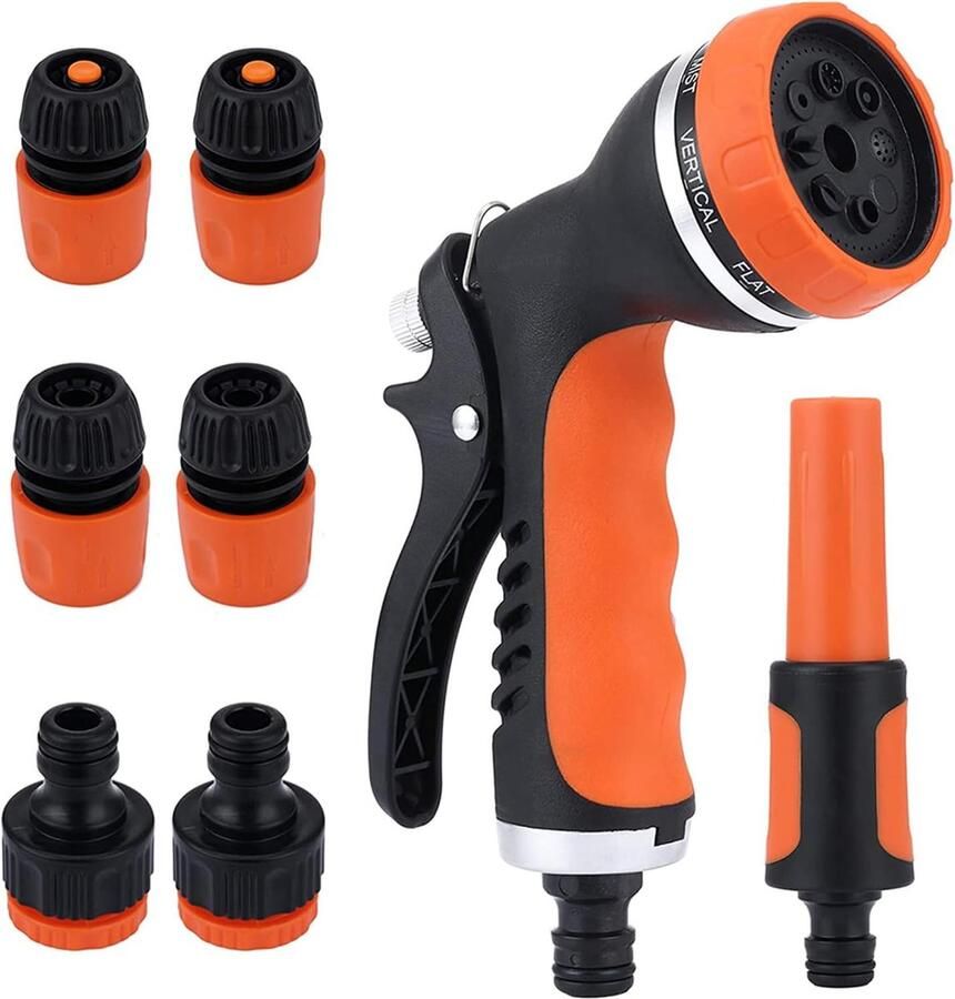 Tuindouche handdouche tuinslang spuitpistoolset tuinspuitpistool met 8 functies hogedruksproeiers voor irrigatie van planten autowassen douche huisdier oranje