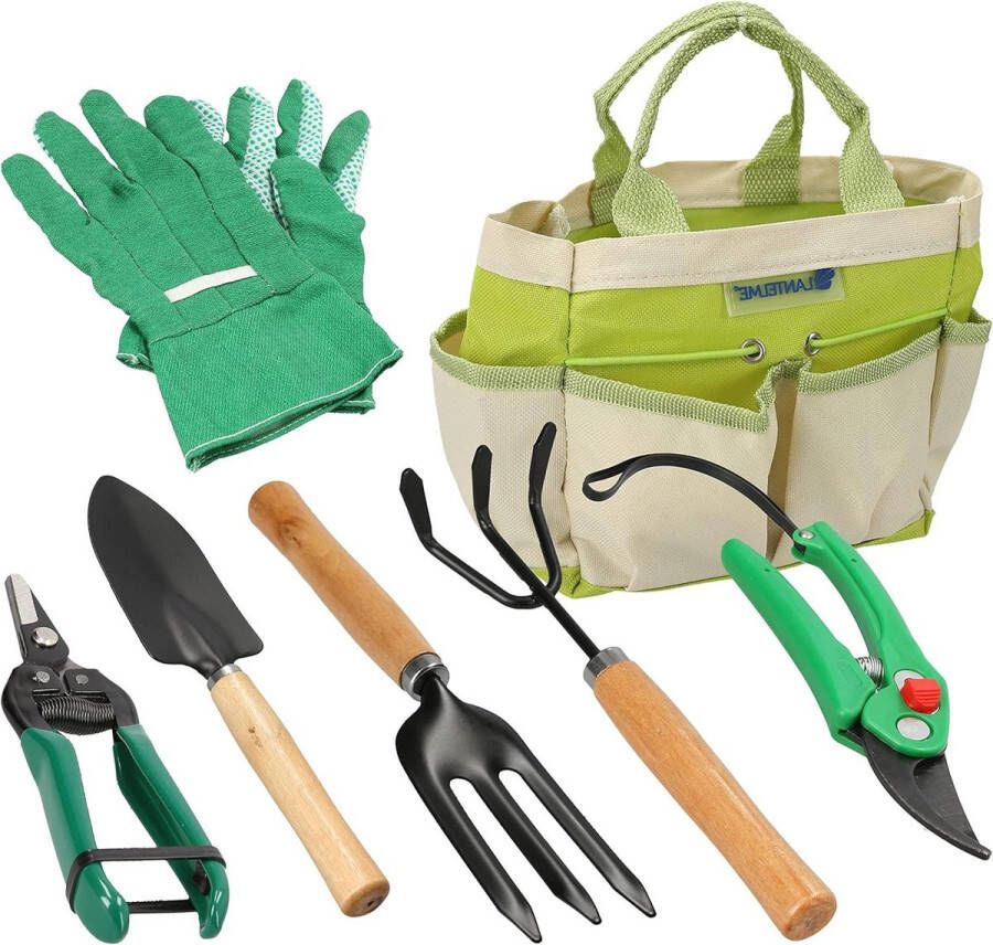 Tuingereedschap set 7 stuks met tas snoeischaar tuinhandschoenen schepje harke 5124 Tuinset