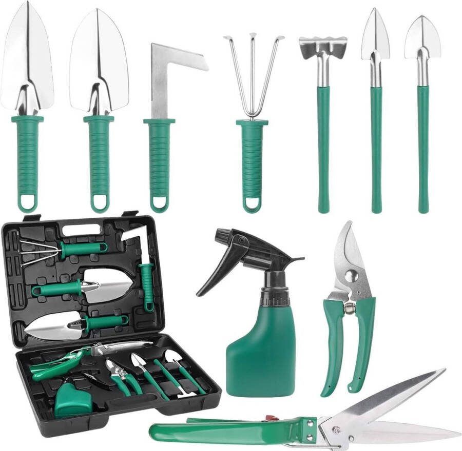 Tuingereedschapset 10 stuks roestvrij staal tuingereedschap ergonomische handgreep schop en tuinschaar hark watersproeier tuingeschenken voor vrouwen en mannen (37 cm x 28 cm)