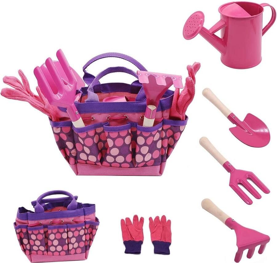 Tuingereedschapset voor kinderen tuingereedschapset 6-delig voor kinderen met gieter tuinhandschoenen schop hark troffel (roze)