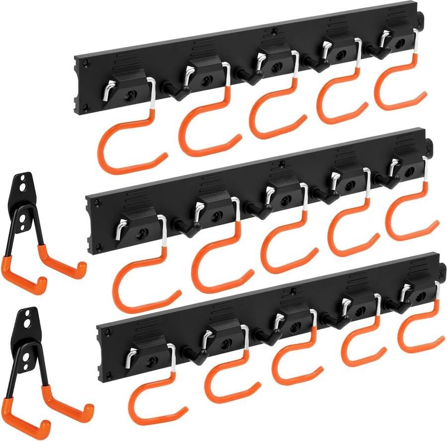 Tuingereedschapshouder 3 x 40 cm rail en 15 haken + 2 x haken voor zware belasting wandhouder gereedschapshouder voor garage gereedschapsschuur kelder bergruimte tuin