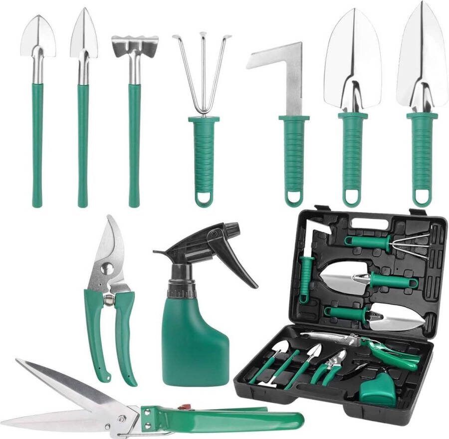 Tuingereedschapsset 10 stuks Ergonomische handgreep Schep en tuinschaar Hark Watersproeier Tuincadeaus Vrouwen en mannen 37 cm x 28 cm