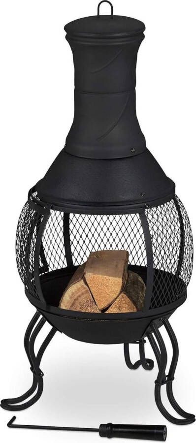 Tuinhaard zwart met pook rooster Relaxdays antieke stijl HxD 88 x 38 cm vonkenscherm