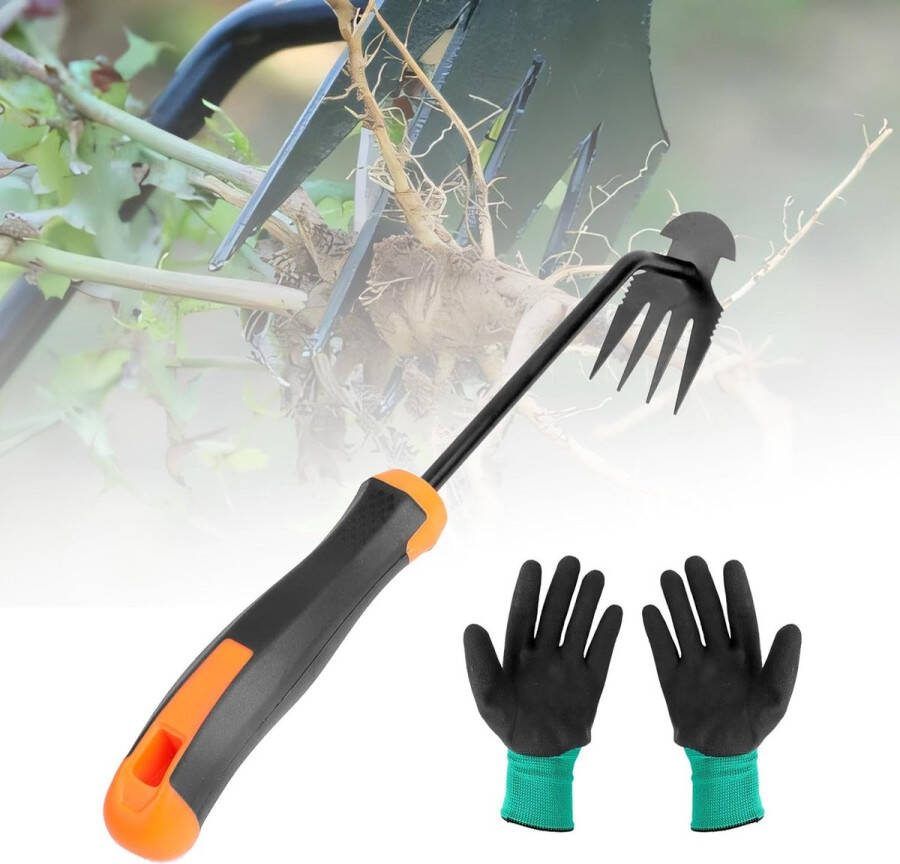 Tuinieren Handonkruidsnijder 4 tanden Multifunctionele onkruidsnijder met handvat Roestvrijstalen onkruidverwijderaar Tuinhulp Onkruidsnijder voor het verwijderen van tuinonkruid (met handschoenen)