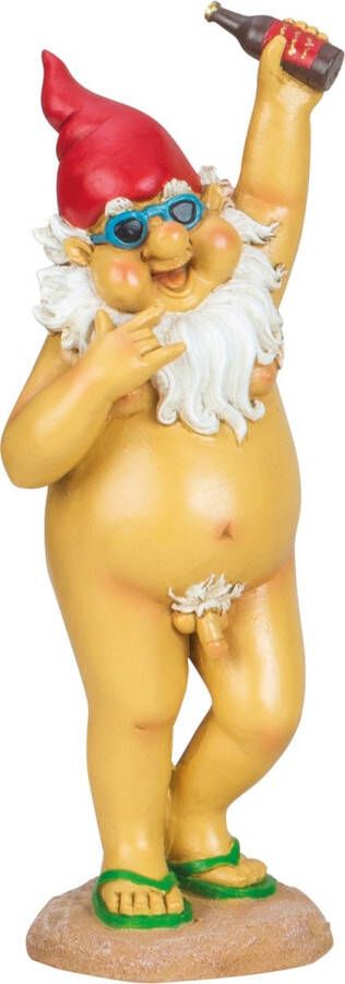 Tuinkabouter beeld Happy Nudist Polystone Bloot en bezopen 31 cm Origineel fun kado Stoute kabouters