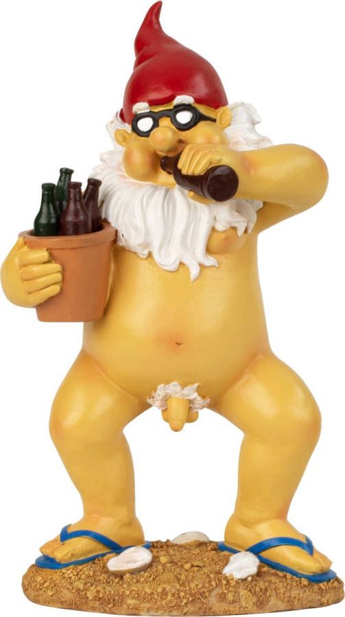 Tuinkabouter beeld Happy Nudist Polystone Bloot met bier emmer 28 cm Origineel fun kado Stoute kabouters