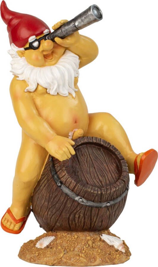Tuinkabouter beeld Happy Nudist Polystone Bloot op bierton 31 cm Origineel fun kado Stoute kabouters