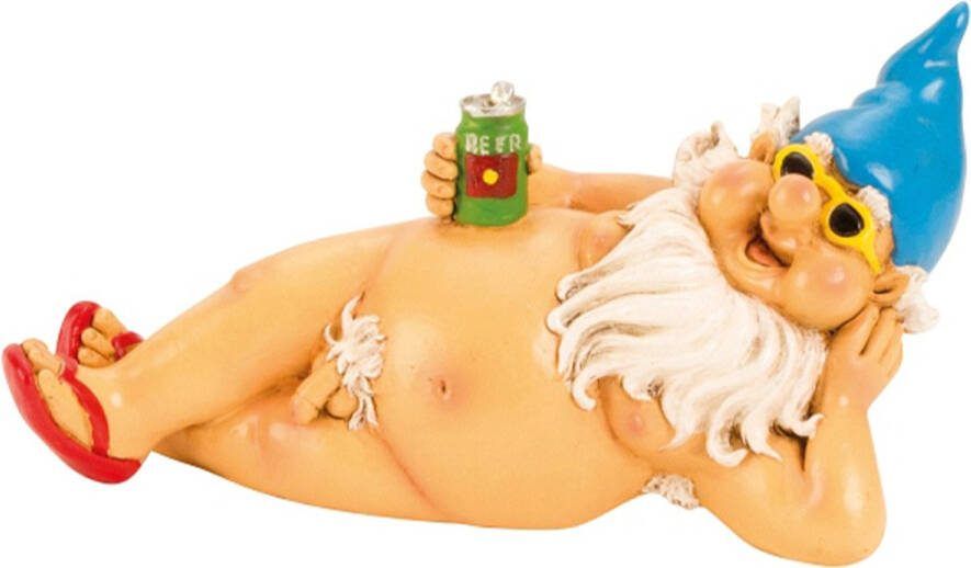 Tuinkabouter beeld Happy Nudist Polystone Naakt met blik pils 26 cm Origineel fun kado Blauwe muts Stoute kabouters