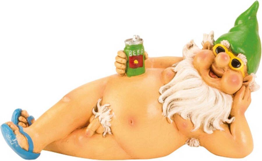 Tuinkabouter beeld Happy Nudist Polystone Naakt met blik pils 26 cm Origineel fun kado Groene muts Stoute kabouters