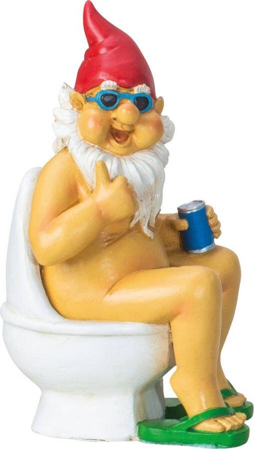 Tuinkabouter beeld Happy Nudist Polystone op het toilet 15 x 25 cm Origineel fun kado Stoute kabouters