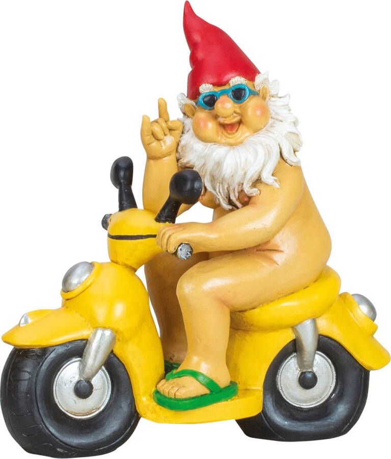 Tuinkabouter beeld Happy Nudist Polystone Op scooter 28 x 26 cm Origineel fun kado