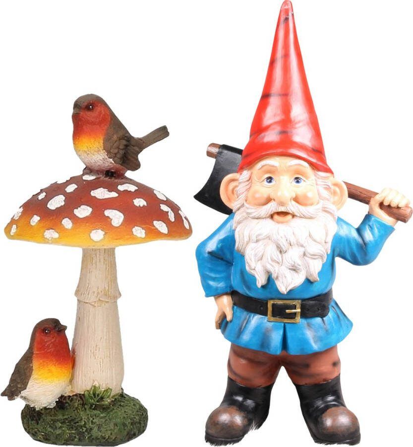 Tuinkabouter beeldje Dwerg met rode muts 20 cm deco paddestoel met vogels 16 cm Keramiek