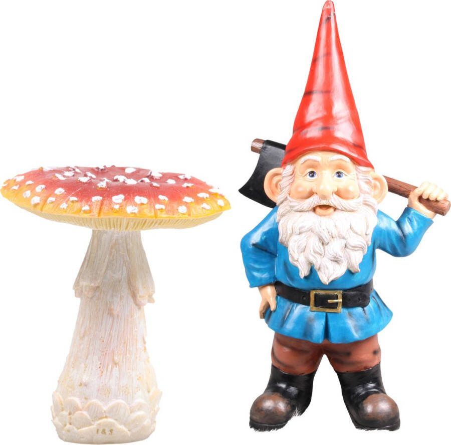 Tuinkabouter beeldje Dwerg met rode muts 20 cm deco paddestoel van 12 cm Keramiek Herfst thema