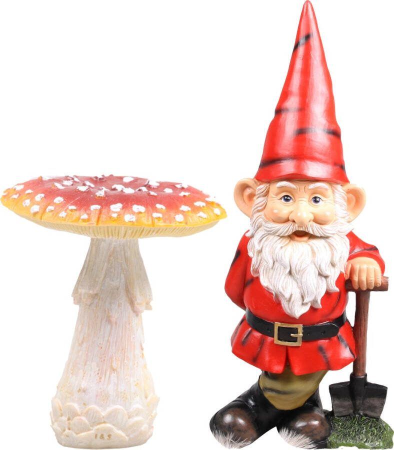 Tuinkabouter beeldje Dwerg met rode muts 20 cm deco paddestoel van 12 cm Keramiek Herfst thema