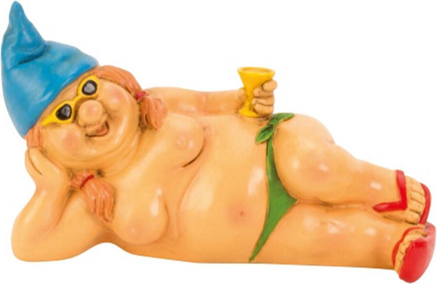 Tuinkabouter vrouw beeld Happy Nudist Polystone Naakt liggend 23 cm Origineel fun kado Blauwe muts Stoute kabouters